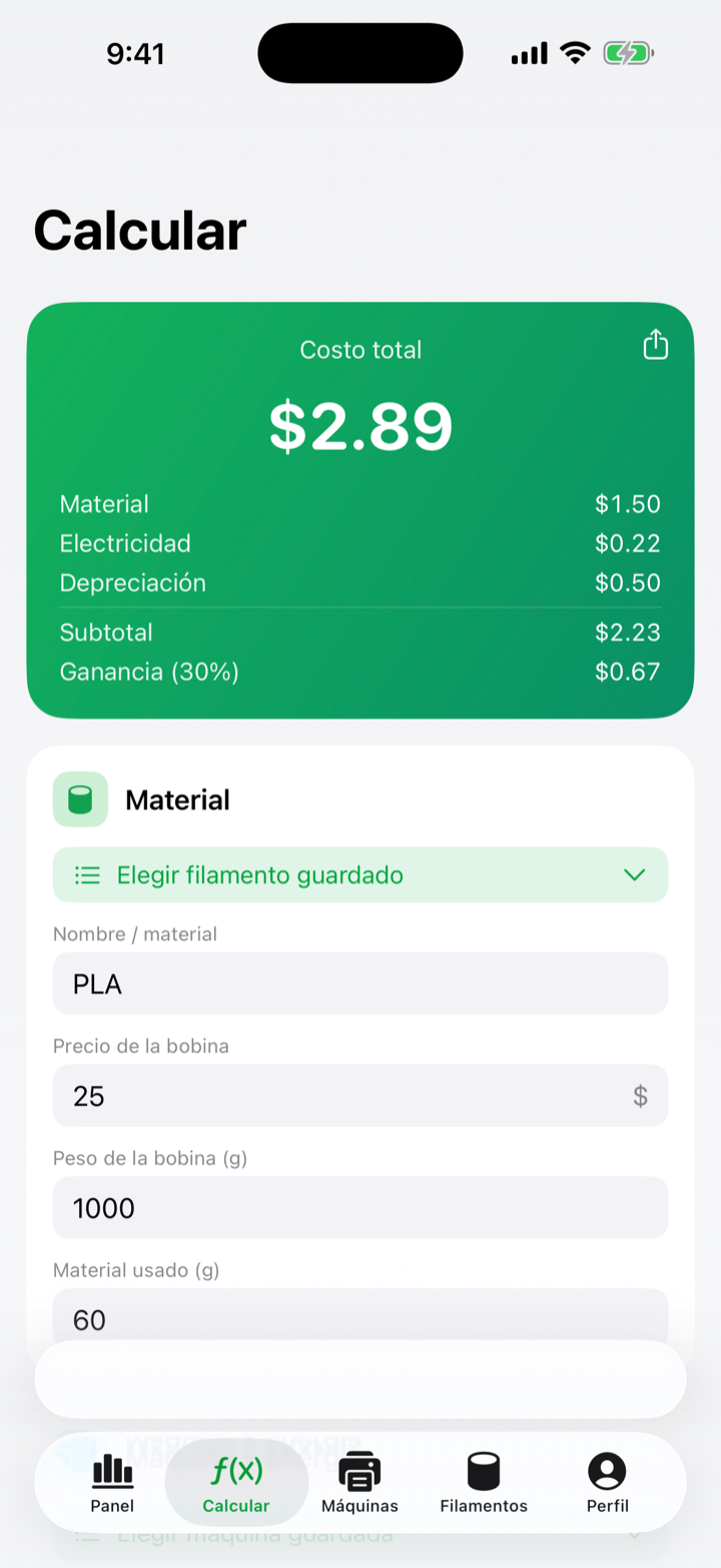Pantalla de cálculo de coste en PrintValue